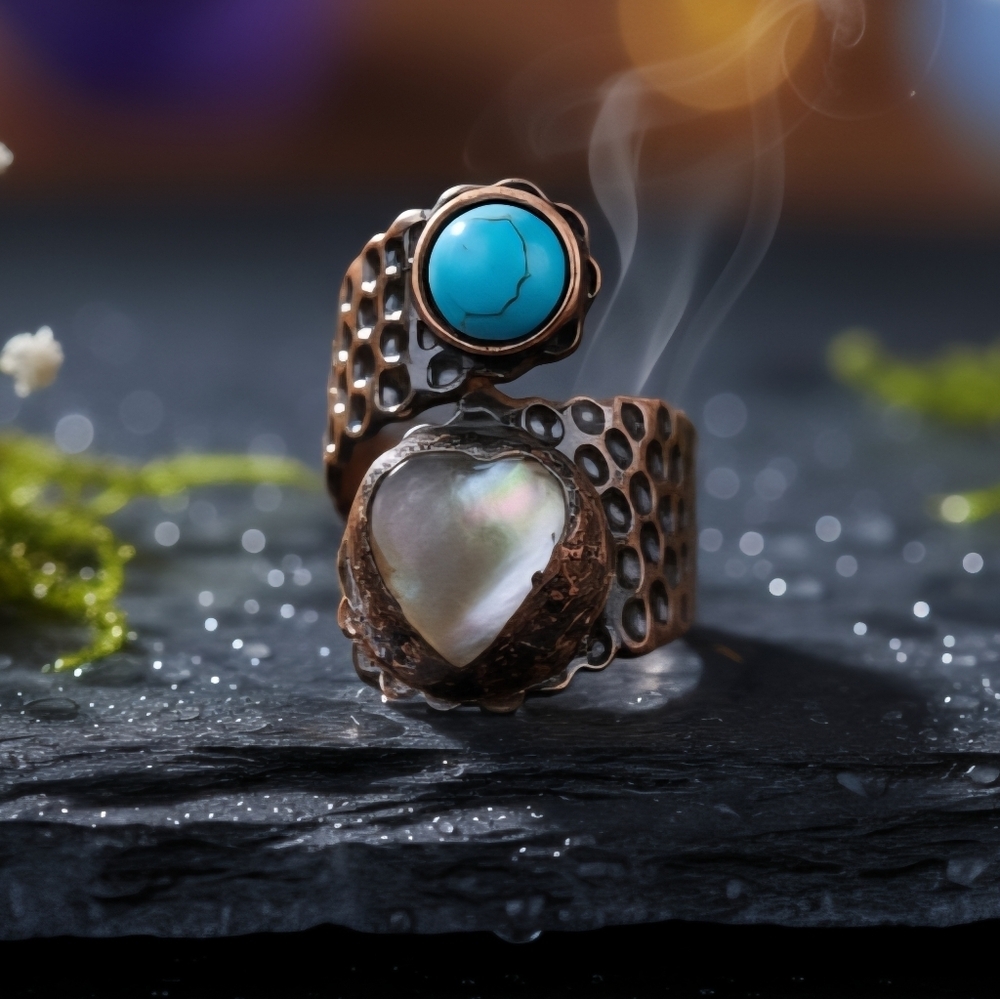 Rainbow Moonstone Heart Ring Bronze Turquenite Adjustable 8-11 Boho Statement